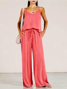 ANRABESS 2 Piece Peach Linen Casual Lounge Set